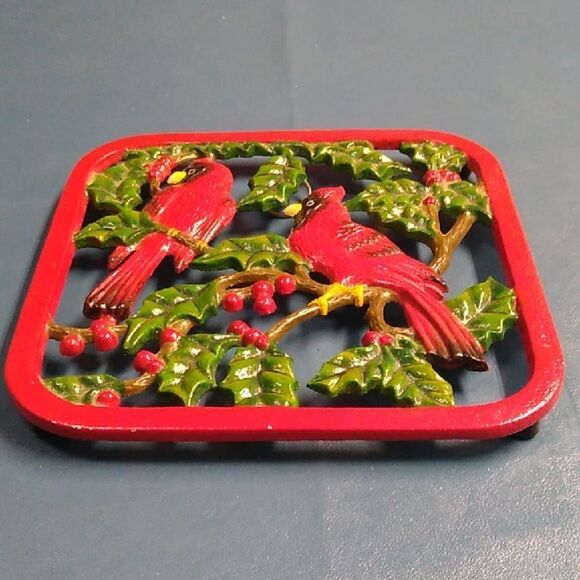Red Cardinal Cast Iron Trivet with Green Leaves Cottagecore Holiday - Picture 1 of 5